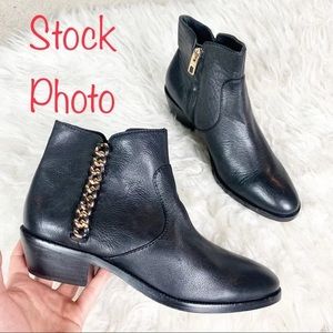 COACH Corine Round Toe Black Leather Zip Up Ankle Boot Chain Detail